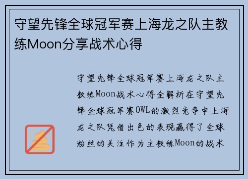 守望先锋全球冠军赛上海龙之队主教练Moon分享战术心得